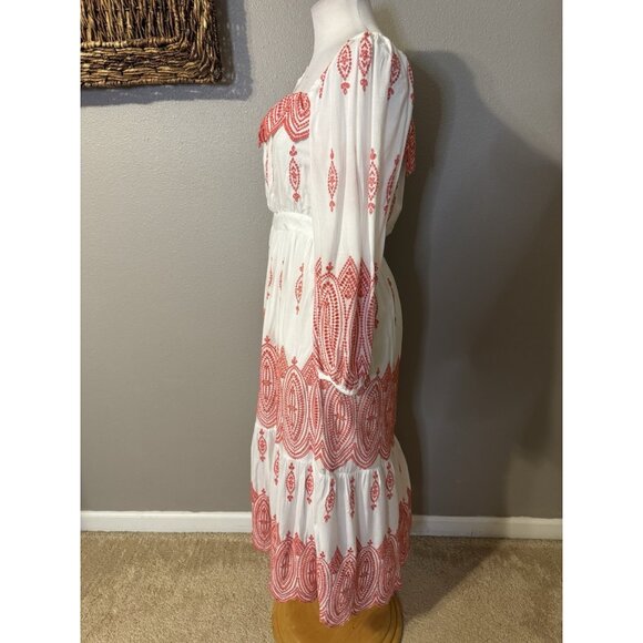 Marie Oliver Maxi Dress S Small White Red Embroidered Colorful Smocked - Picture 9 of 16